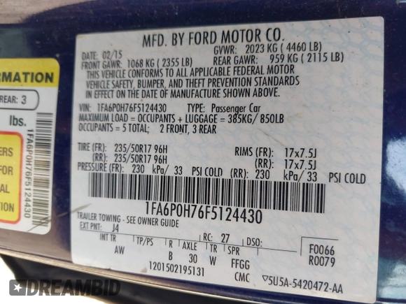 2015 Ford Fusion SE with VIN 1FA6P0H76F5124430, listed as a IAAI auction lot 42128767 with 249,589 mi miles and . Bid and sale history available at DreamBid. Image 9.