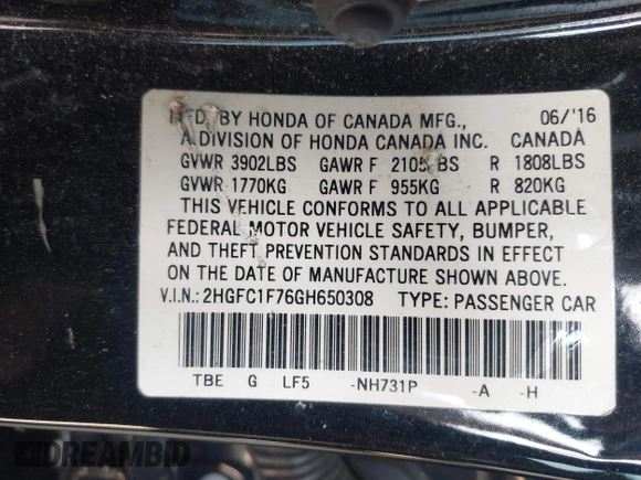 2016 Honda Civic EX-L z VIN 2HGFC1F76GH650308, wystawiony jako IAAI lot #42408661 z przebiegiem Nie podano mil oraz . Historia ofert i sprzedaży dostępna na DreamBid. Obrazek 9.