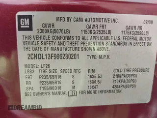 2009 Chevrolet Equinox LS z VIN 2CNDL13F996230201, wystawiony jako IAAI lot #41996979 z przebiegiem Nie podano mil oraz . Historia ofert i sprzedaży dostępna na DreamBid. Obrazek 9.