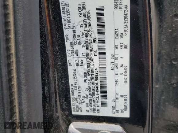 2013 Ford Escape SEL with VIN 1FMCU9H94DUB99234, listed as a Copart auction lot 60330965 with 151,933 mi miles and Salvage title. Bid and sale history available at DreamBid. Image 14.