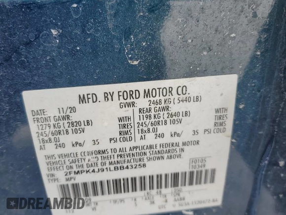 2020 Ford Edge SEL with VIN 2FMPK4J91LBB43258, listed as a Copart auction lot 44670525 with 29,417 mi miles and Salvage Title. Bid and sale history available at carsss.com. Image 13.