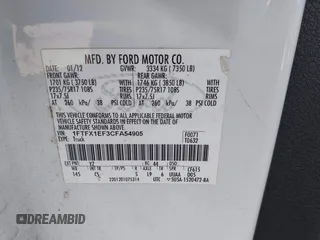 2012 Ford F-150 XL with VIN 1FTFX1EF3CFA54905, listed as a IAAI auction lot 42260277 with 238,632 mi miles and . Bid and sale history available at DreamBid. Image 9.