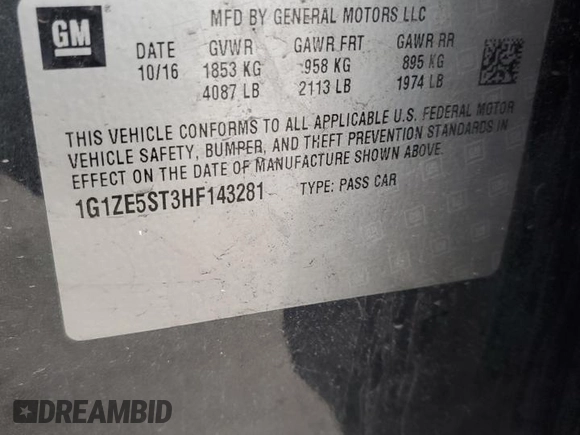 2017 Chevrolet Malibu LT with VIN 1G1ZE5ST3HF143281, listed as a Copart auction lot 51130725 with 141,072 mi miles and Salvage Title. Bid and sale history available at DreamBid. Image 14.