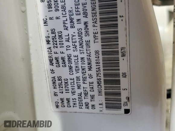 2005 Honda Accord EX with VIN 1HGCM56755A181408, listed as a Copart auction lot 52094265 with 207,948 mi miles and Salvage Title. Bid and sale history available at DreamBid. Image 14.