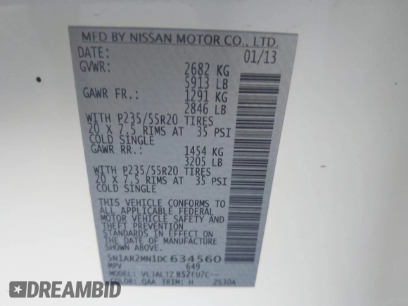 2013 Nissan Pathfinder S с VIN 5N1AR2MN1DC634560, выставлен на аукционе IAAI как лот 42824639 с пробегом 187 095 миль миль и . История ставок и продаж доступна на DreamBid. Изображение 9.