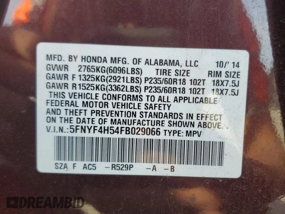 2015 Honda Pilot EX-L z VIN 5FNYF4H54FB029066, wystawiony jako Copart lot #54774505 z przebiegiem Nie podano mil oraz Szkoda całkowita • Salvage title. Historia ofert i sprzedaży dostępna na DreamBid. Obrazek 13.