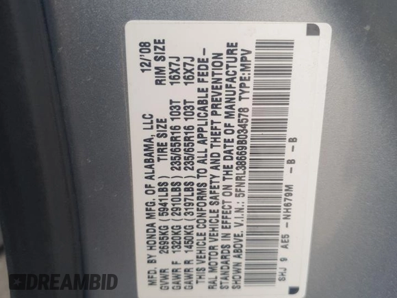 2009 Honda Odyssey EX-L z VIN 5FNRL38669B034578, wystawiony jako Copart lot #53000065 z przebiegiem 177 850 mil mil oraz Szkoda całkowita • Salvage title. Historia ofert i sprzedaży dostępna na DreamBid. Obrazek 13.