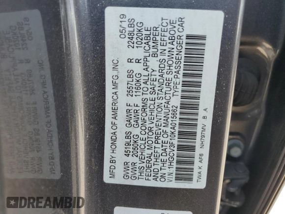 2019 Honda Accord с VIN 1HGCV3F10KA015662, выставлен на аукционе Copart как лот 61217255 с пробегом 57 416 миль миль и Списание • Salvage title. История ставок и продаж доступна на DreamBid. Изображение 13.