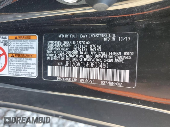 2014 Subaru BRZ Limited with VIN JF1ZCAC15E9603480, listed as a Copart auction lot 84394424 with 92,361 mi miles and Salvage Title. Bid and sale history available at DreamBid. Image 12.