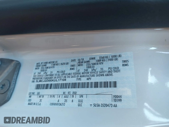 2019 Lincoln MKC Select z VIN 5LMCJ2D9XKUL17108, wystawiony jako IAAI lot #41045354 z przebiegiem 109 798 mil mil oraz . Historia ofert i sprzedaży dostępna na DreamBid. Obrazek 9.