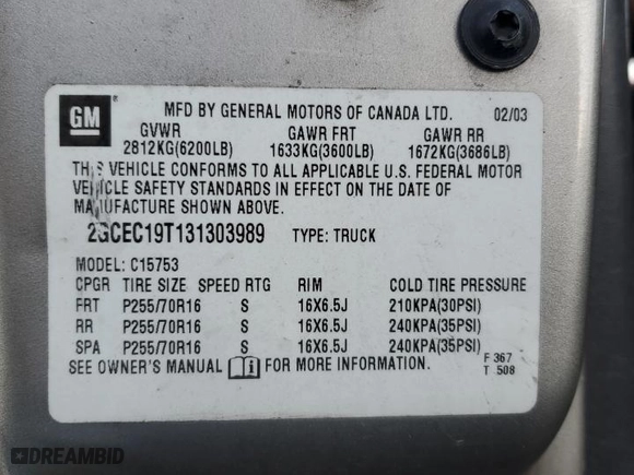2003 Chevrolet Silverado 1500 LT with VIN 2GCEC19T131303989, listed as a Copart auction lot 42594995 with 222,517 mi miles and Salvage Title. Bid and sale history available at carsss.com. Image 12.