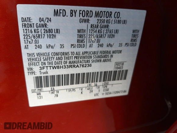 2024 Ford Maverick XLT z VIN 3FTTW8H33RRA76236, wystawiony jako Copart lot #55961965 z przebiegiem 10 808 mil mil oraz Szkoda całkowita • Salvage title. Historia ofert i sprzedaży dostępna na DreamBid. Obrazek 14.