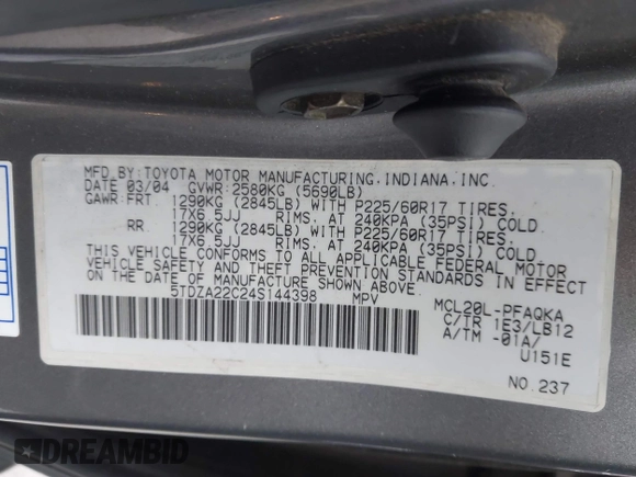 2004 Toyota Sienna XLE with VIN 5TDZA22C24S144398, listed as a IAAI auction lot 42065877 with 187,911 mi miles and . Bid and sale history available at DreamBid. Image 9.