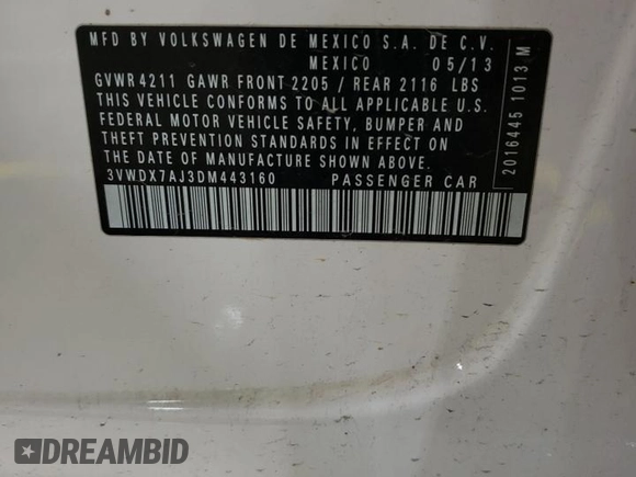 2013 Volkswagen Jetta SE with VIN 3VWDX7AJ3DM443160, listed as a Copart auction lot 55247845 with 334,107 mi miles and Salvage title. Bid and sale history available at DreamBid. Image 12.