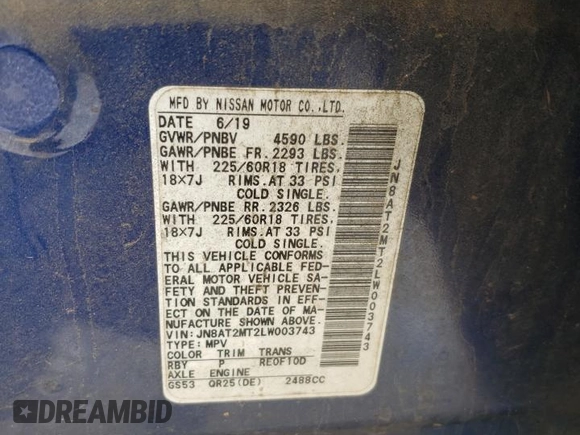 2020 Nissan Rogue SV z VIN JN8AT2MT2LW003743, wystawiony jako Copart lot #58716285 z przebiegiem 99 395 mil mil oraz Szkoda całkowita • Salvage title. Historia ofert i sprzedaży dostępna na DreamBid. Obrazek 13.