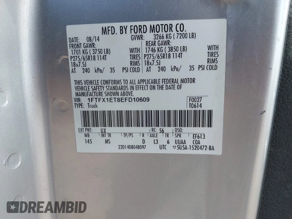 2014 Ford F-150 XL with VIN 1FTFX1ET8EFD10609, listed as a IAAI auction lot 40734295 with 1 mi miles. Bid and sale history available at carsss.com. Image 9.
