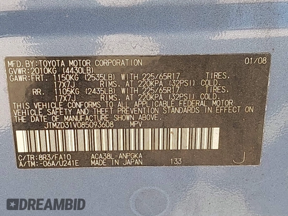 2008 Toyota RAV4 Limited с VIN JTMZD31V085093608, выставлен на аукционе IAAI как лот 42041980 с пробегом 127 613 миль миль и . История ставок и продаж доступна на DreamBid. Изображение 9.