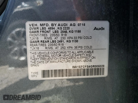 2016 Audi Q3 Premium Plus with VIN WA1EFCFS4GR005328, listed as a Copart auction lot 49537363 with 94,986 mi miles. Bid and sale history available at carsss.com. Image 13.