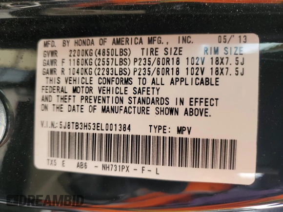 2014 Acura RDX Tech Pkg with VIN 5J8TB3H53EL001384, listed as a Copart auction lot 53322795 with 86,360 mi miles and Salvage Title. Bid and sale history available at carsss.com. Image 13.