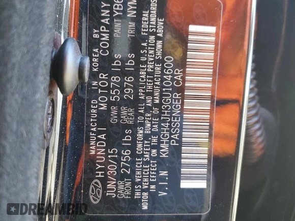 2016 Hyundai Equus Signature with VIN KMHGH4JH3GU104600, listed as a Copart auction lot 46083605 with 83,338 mi miles and Salvage Title. Bid and sale history available at DreamBid. Image 15.
