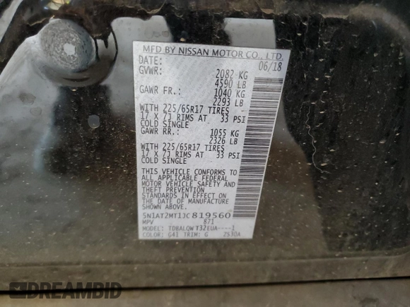 2018 Nissan Rogue S with VIN 5N1AT2MT1JC819560, listed as a Copart auction lot 53821785 with 57,197 mi miles and Salvage Title. Bid and sale history available at carsss.com. Image 13.