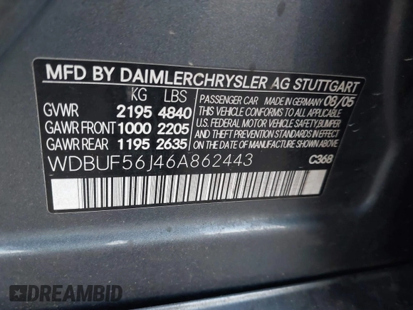 2006 Mercedes-Benz E-Class 3.5L with VIN WDBUF56J46A862443, listed as a IAAI auction lot 41877924 with 17,920 mi miles. Bid and sale history available at carsss.com. Image 9.