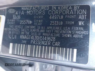 2017 Kia Optima LX with VIN KNAGT4L31H5149628, listed as a IAAI auction lot 42630216 with 102,329 mi miles and . Bid and sale history available at DreamBid. Image 9.