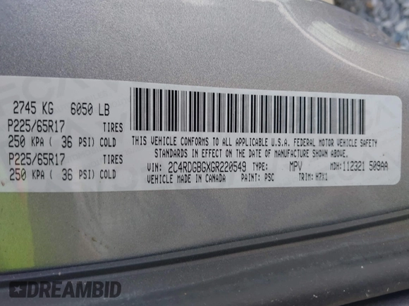 2016 Dodge Grand Caravan SE with VIN 2C4RDGBGXGR220549, listed as a IAAI auction lot 42074110 with 114,826 mi miles and . Bid and sale history available at DreamBid. Image 9.