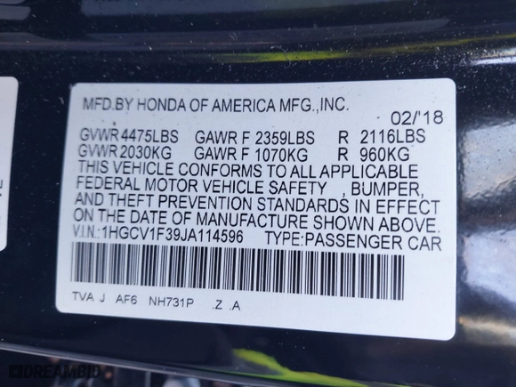 2018 Honda Accord Sedan Sport 1.5T with VIN 1HGCV1F39JA114596, listed as a IAAI auction lot 41466308 with 100,333 mi miles. Bid and sale history available at carsss.com. Image 9.