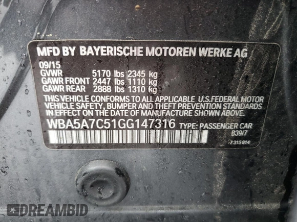 2016 BMW 5 Series 528i xDrive with VIN WBA5A7C51GG147316, listed as a Copart auction lot 55489225 with Not provided miles and Salvage title. Bid and sale history available at DreamBid. Image 12.