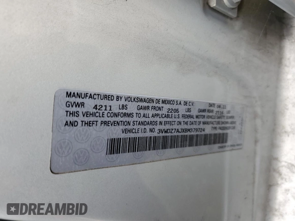 2011 Volkswagen Jetta SE with VIN 3VWDZ7AJXBM379724, listed as a Copart auction lot 62309775 with 138,164 mi miles and Clean title. Bid and sale history available at DreamBid. Image 12.