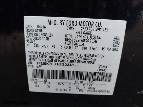 2016 Ford Explorer Limited with VIN 1FM5K7FH1GGD24898, listed as a IAAI auction lot 41151604 with 105,215 mi miles. Bid and sale history available at carsss.com. Image 9.