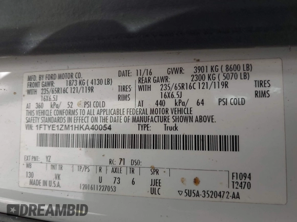 2017 Ford Transit with VIN 1FTYE1ZM1HKA40054, listed as a IAAI auction lot 42844855 with Not provided miles and . Bid and sale history available at DreamBid. Image 9.