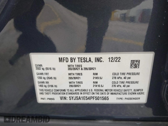 2023 Tesla Model S with VIN 5YJSA1E54PF501565, listed as a IAAI auction lot 42244953 with Not provided miles and . Bid and sale history available at DreamBid. Image 9.
