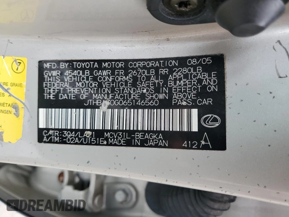 2006 Lexus ES 350 with VIN JTHBA30G065146560, listed as a Copart auction lot 55726945 with 113,518 mi miles and Salvage Title. Bid and sale history available at DreamBid. Image 13.