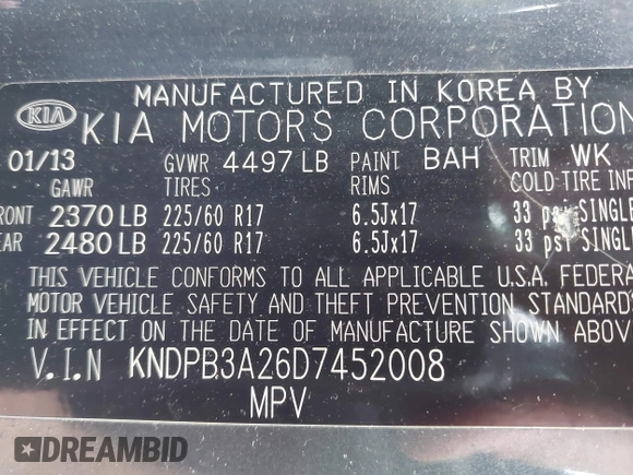2013 Kia Sportage LX with VIN KNDPB3A26D7452008, listed as a IAAI auction lot 42435597 with 109,397 mi miles and . Bid and sale history available at DreamBid. Image 9.
