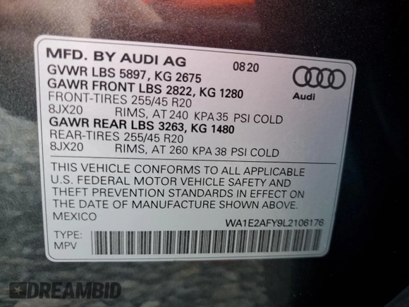 2020 Audi Q5 Premium Plus with VIN WA1E2AFY9L2106176, listed as a Copart auction lot 43373845 with 45,735 mi miles and Salvage title. Bid and sale history available at DreamBid. Image 13.