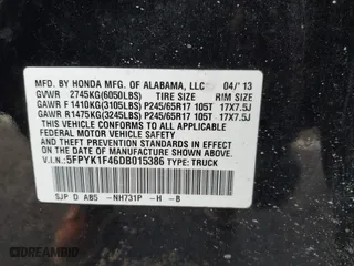 2013 Honda Ridgeline RTS with VIN 5FPYK1F46DB015386, listed as a IAAI auction lot 41928477 with 275,963 mi miles. Bid and sale history available at carsss.com. Image 9.