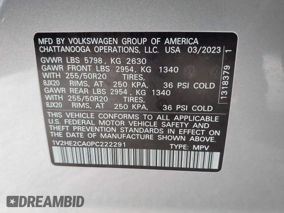 2023 Volkswagen Atlas SE z VIN 1V2HE2CA0PC222291, wystawiony jako IAAI lot #42431536 z przebiegiem 23 114 mil mil oraz . Historia ofert i sprzedaży dostępna na DreamBid. Obrazek 9.
