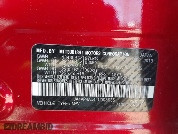 2020 Mitsubishi Outlander Sport SE 2.0 with VIN JA4AP4AU4LU008635, listed as a IAAI auction lot 41764770 with 73,924 mi miles. Bid and sale history available at carsss.com. Image 9.