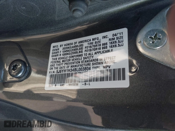 2011 Honda Element LX with VIN 5J6YH1H34BL003804, listed as a IAAI auction lot 42029179 with 83,546 mi miles and . Bid and sale history available at DreamBid. Image 9.