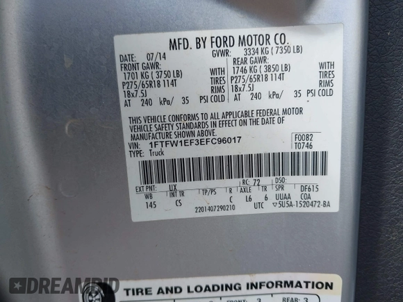 2014 Ford F-150 XL with VIN 1FTFW1EF3EFC96017, listed as a IAAI auction lot 41828150 with 113,599 mi miles. Bid and sale history available at carsss.com. Image 9.