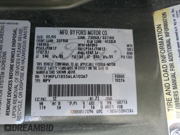 2006 Ford Expedition Eddie Bauer z VIN 1FMFU18556LA10367, wystawiony jako Copart lot #56062725 z przebiegiem 240 517 mil mil oraz Szkoda całkowita • Salvage title. Historia ofert i sprzedaży dostępna na DreamBid. Obrazek 13.