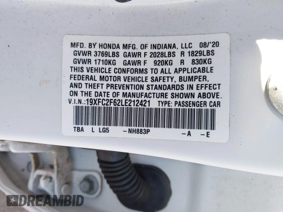 2020 Honda Civic LX with VIN 19XFC2F62LE212421, listed as a IAAI auction lot 41909995 with 46,312 mi miles and . Bid and sale history available at DreamBid. Image 9.