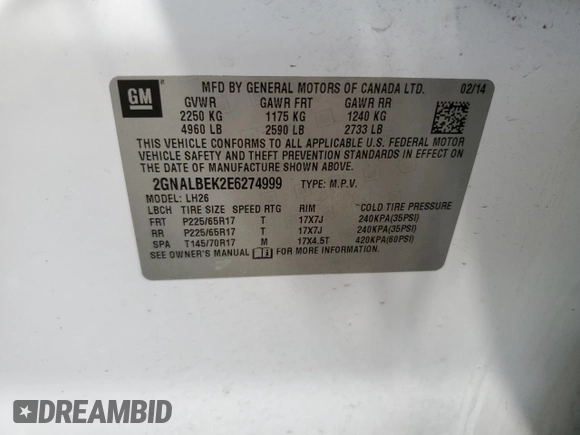 2014 Chevrolet Equinox LT with VIN 2GNALBEK2E6274999, listed as a Copart auction lot 53895685 with 205,843 mi miles and Salvage Title. Bid and sale history available at carsss.com. Image 13.