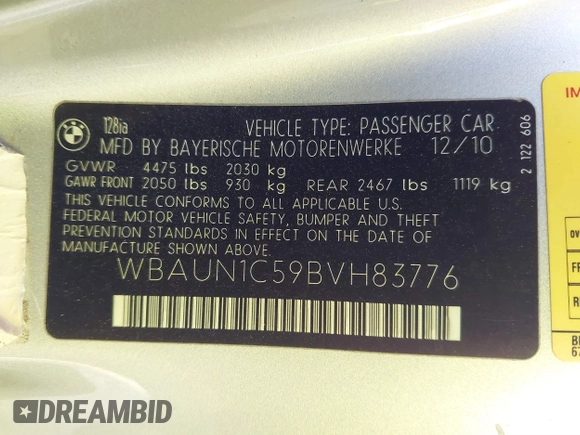 2011 BMW 1 Series 128i with VIN WBAUN1C59BVH83776, listed as a IAAI auction lot 41616463 with 55,865 mi miles and . Bid and sale history available at DreamBid. Image 9.