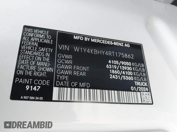 2024 Mercedes-Benz Sprinter Cargo with VIN W1Y4KBHY4RT175862, listed as a IAAI auction lot 41347055 with 21,566 mi miles and . Bid and sale history available at carsss.com. Image 9.