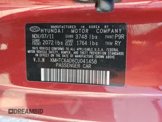 2012 Hyundai Veloster w/Gray Int with VIN KMHTC6AD6CU041458, listed as a Copart auction lot 75748714 with Not provided miles and Non repairable. Bid and sale history available at DreamBid. Image 13.