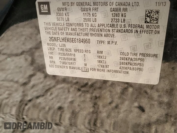 2014 Chevrolet Equinox LTZ with VIN 2GNFLHEK6E6184960, listed as a Copart auction lot 83746014 with 0 mi miles and Salvage Title. Bid and sale history available at carsss.com. Image 13.
