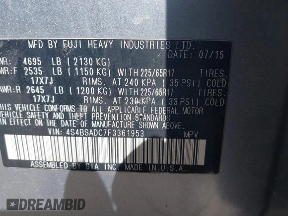 2015 Subaru Outback Premium with VIN 4S4BSADC7F3361953, listed as a IAAI auction lot 42170100 with 208,154 mi miles and . Bid and sale history available at DreamBid. Image 9.
